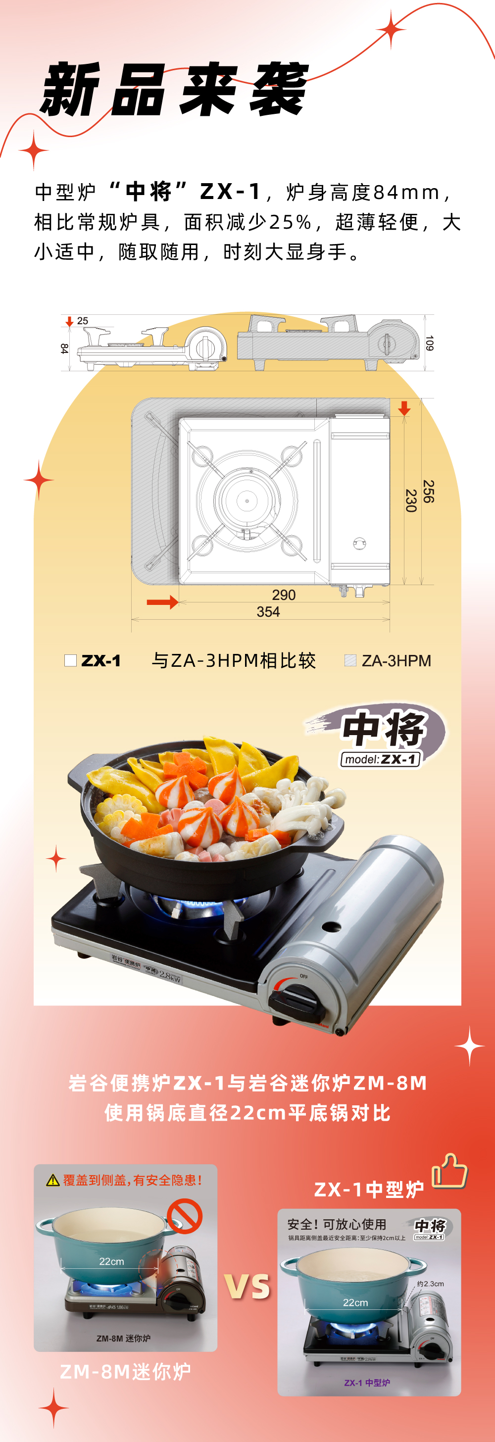 巖谷便攜爐ZX-1，爐身高度84mm，相比常規(guī)爐具，面積減少25%，
超薄輕便，大小適中，隨取隨用，時刻大顯身手。